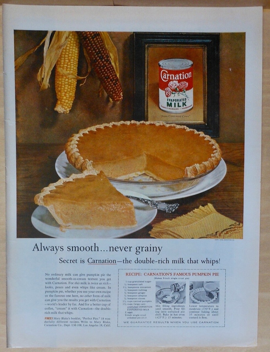1958 magazine ad for Carnation Evaporated Milk Smooth Pumpkin Pie recipe