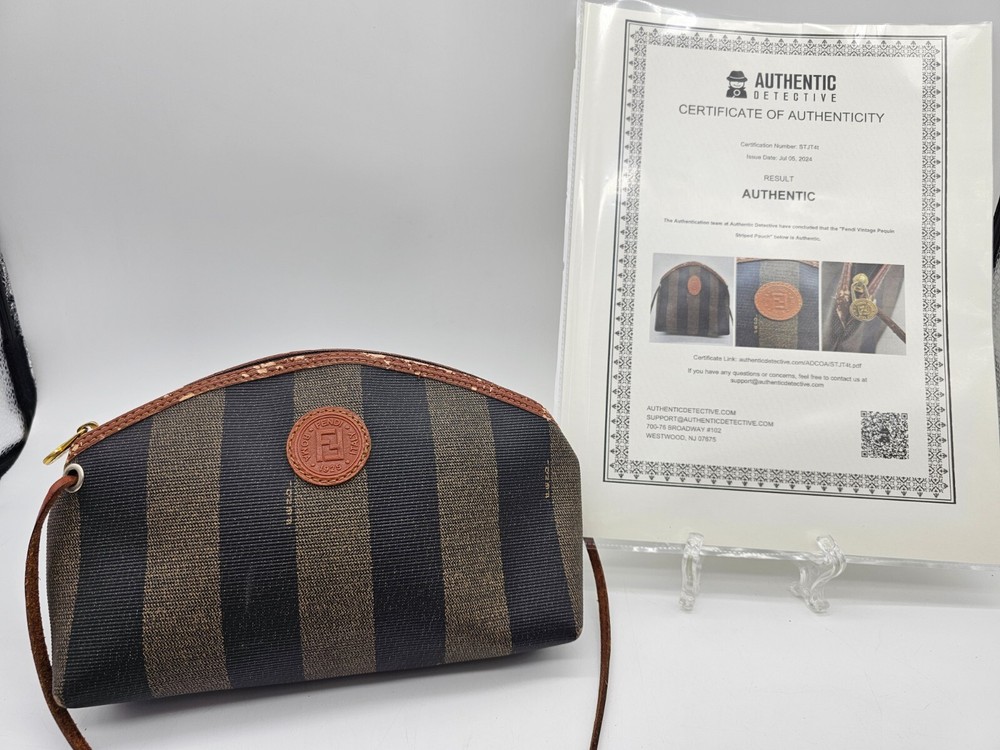 1980s Fendi Roma Pequin Striped Bag in Pecan Beige PVC Leather with Serial COA