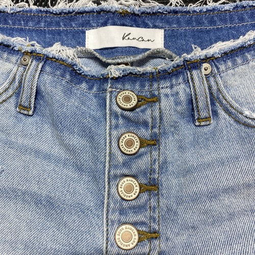 KANCAN Women’s Light Wash Denim Shorts Mid Rise Distressed Raw Hem Sz Large - Picture 2 of 6