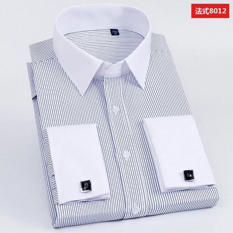 Mens Dress Shirts The White Collar Luxury Slim Fit French Cuff Formal Shirts Top - Image 4 of 4