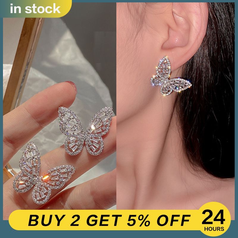 Shiny Butterfly Earrings Fashion Womens Red Heart Stud Earrings Elegant Design N