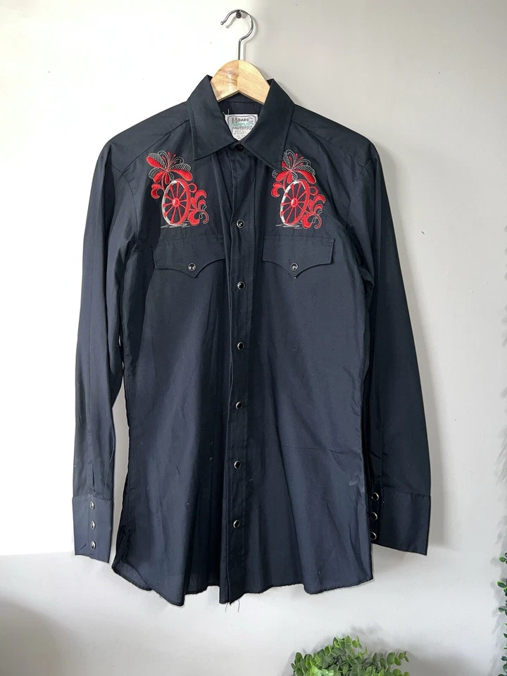 H Bar C California Ranchwear Vaquero Americano Perla A Presión Negro Años 70 Bordado Foto 4 de 4