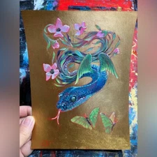 Original Painting Blue dragon Butterfly Snake surrealism Home art NEW Artettina