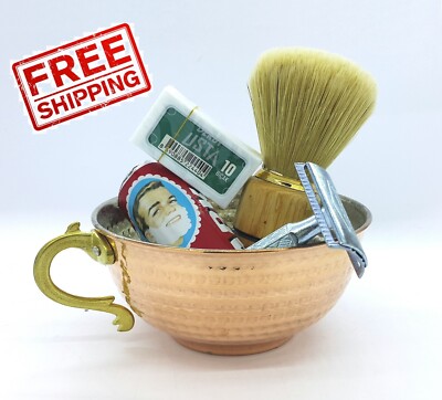Shaving Set 5 Piece Copper Bowl Mug Cup Soap Arko 10 pcs Derby razor Yuma Holder