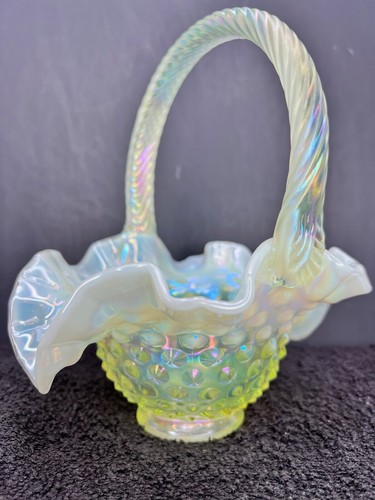Fenton Topaz Iridized Opalescent Hobnail 7" Basket 1158 TS - Picture 6 of 10