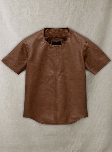 Handmade Brown and Black Leather Mens Shirt Jacket - Round Neck Leather Jacket - Picture 121 of 125