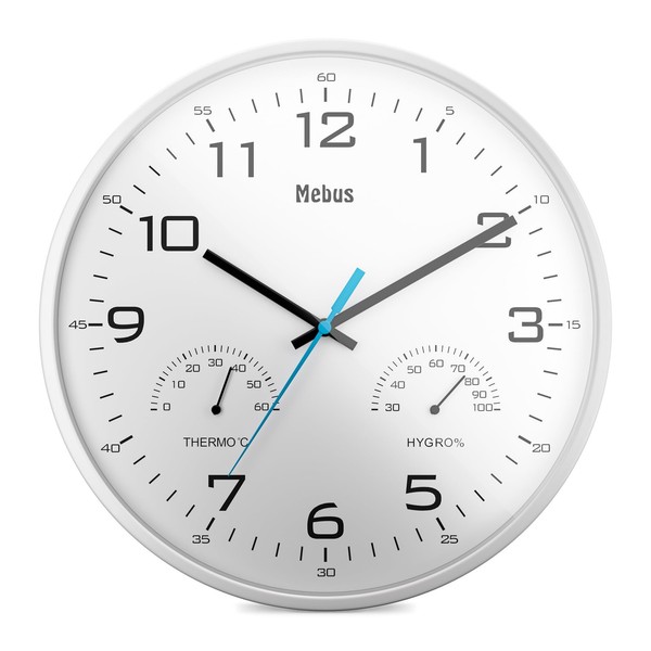 Quarz-Wanduhr 30 Cm Mebus Modell 16181 Weiß Mit Temperatur & Luftfeuchtigkeit-image