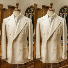 Beige Linen Men's Suits Peak Lapel Double Breasted Wedding Tuxedos Blazer Pant