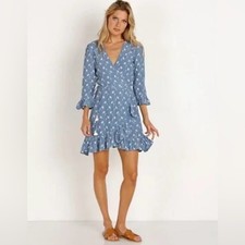 Faithfull the Brand Blue Floral Mini Wrap Dress Size 6