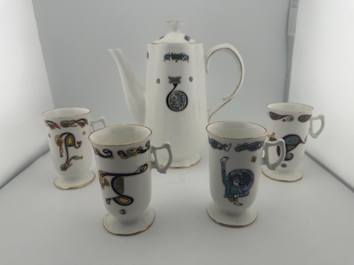 Royal Tara Book of Kells Coffee Set Pot 4 Footed Mugs Ireland Bone China