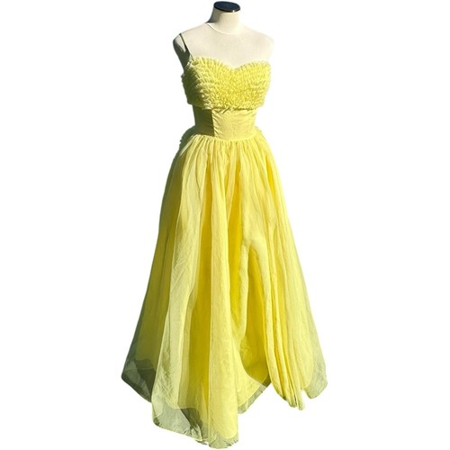Vintage 1950s Lemon Chiffon Prom Dress Yellow Cupcake Dream Vegas Wedding Small - Picture 3 of 20