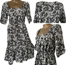 Womens NEXT Summer Dress Black White Florals Square Neck Tiered Belt CLEARANCE!