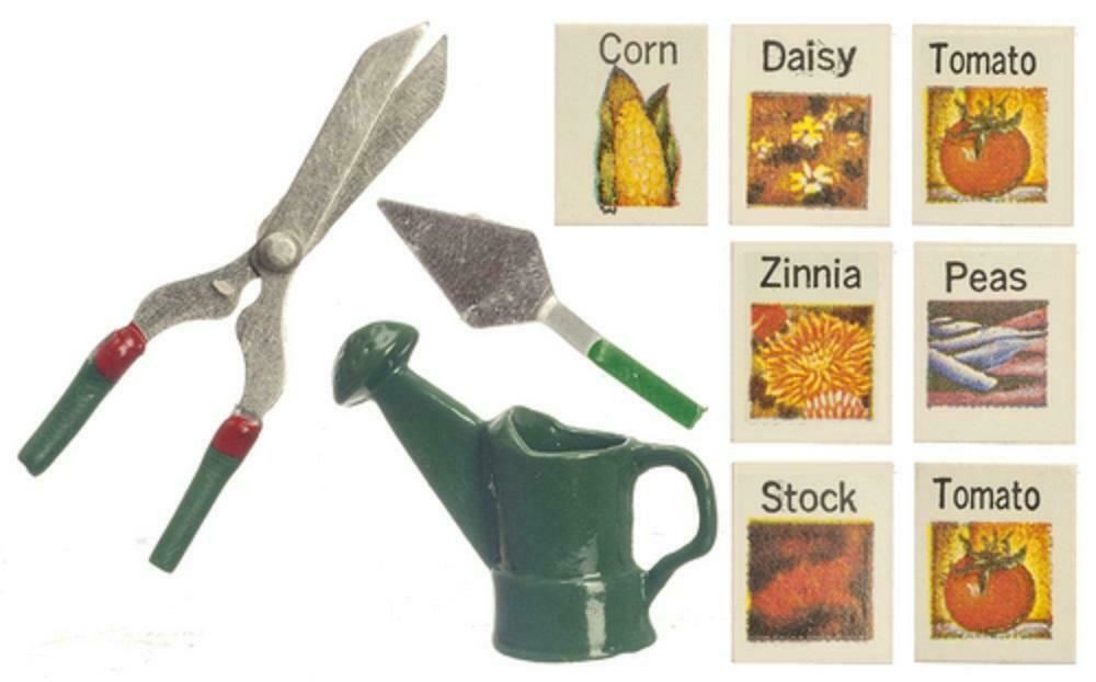 Dolls House Seeds Watering Can Shears Trowel Miniature Garden Accessory Set