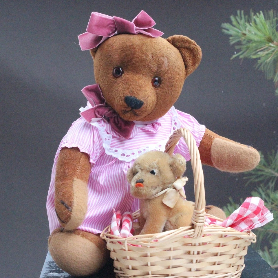 Ours en peluche ancien 40cm avec chien Steiff & panier poupée Jumeau - Photo 2/4