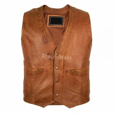 Men Leather Vest Brown Waistcoat Touring Adventure Vests V shape