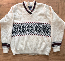 Vtg Lands End Sweater Womens M Ivory Fair Isle Virgin Wool Blend V Neck Nordic