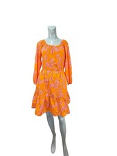 J Crews Women's 6 BIRDS OF PARADISE Orange Pink MIDI Peasant Dress Ruffled GUC