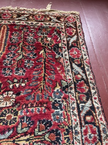 29.5"x 36 SEMI ANTIQUE SAROUK ?Hand Knotted Wool Rug RASPBERRY BLUE OLIVE BLACK - Picture 6 of 20