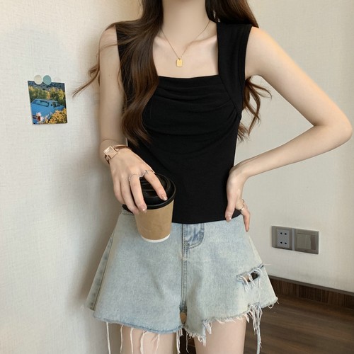 Lady Pleated Vest Top Square Neck Tank Top Slim Sleeveless Camisole Vest Top Tee - Picture 13 of 17