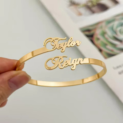 Custom Double Name Bracelet Bangle Cuff Stainless Steel Jewelry Gift for Her