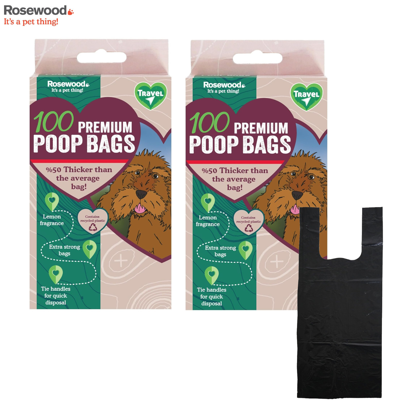 2 PACK ROSEWOOD PREMIUM DOG POO WASTE BAGS WITH HANDLES LEMON SCENTED 100 PCS
