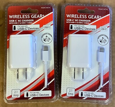 Wireless Gear~USB-C AC Charger w/USB-C to USB-C Cable~4ft~2.1 Amp~Lot of 2~