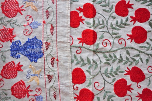 Suzani Table Runner, Uzbek Pomegranate Embroidery, Handmade, Silk/Cotton, Red - Picture 8 of 9