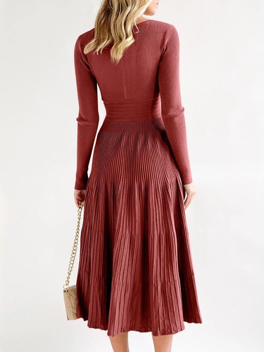Women's V Neck Midi Sweater Dress Long Sleeve Elegant Flare Dress (Wine Red, XS) - Picture 5 of 6