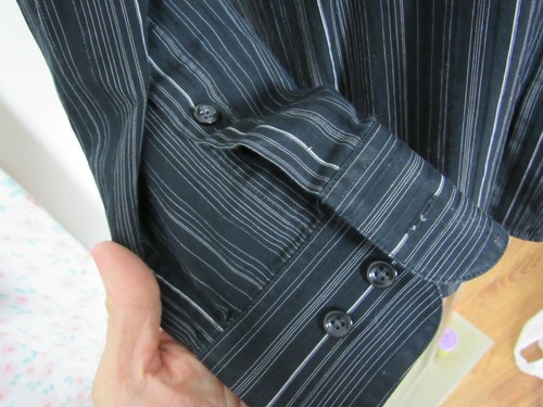 PERRY ELLIS, MEN'S BLACK/GRAY COTTON LONG SLEEVED STRIPED SHIRT, SIZE L - Picture 3 of 7
