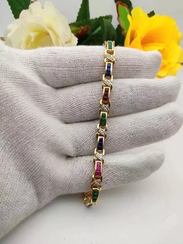 6Ct Diamond, Ruby, Sapphire Lab created Tennis Bracelet 14K Yellow Gold Plated - 第 4/4 張圖片