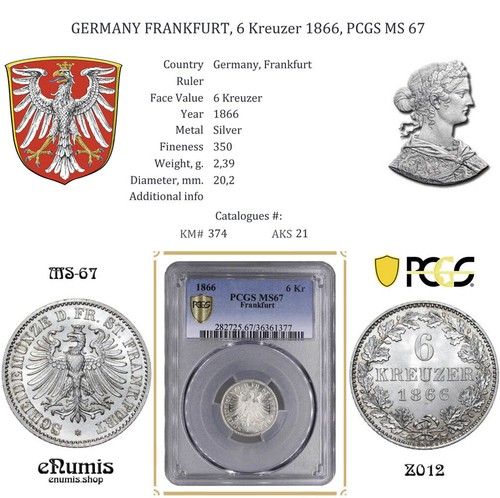 Germany, Frankfurt, 6 Kreuzer 1866, PCGS MS 67 - Picture 5 of 8