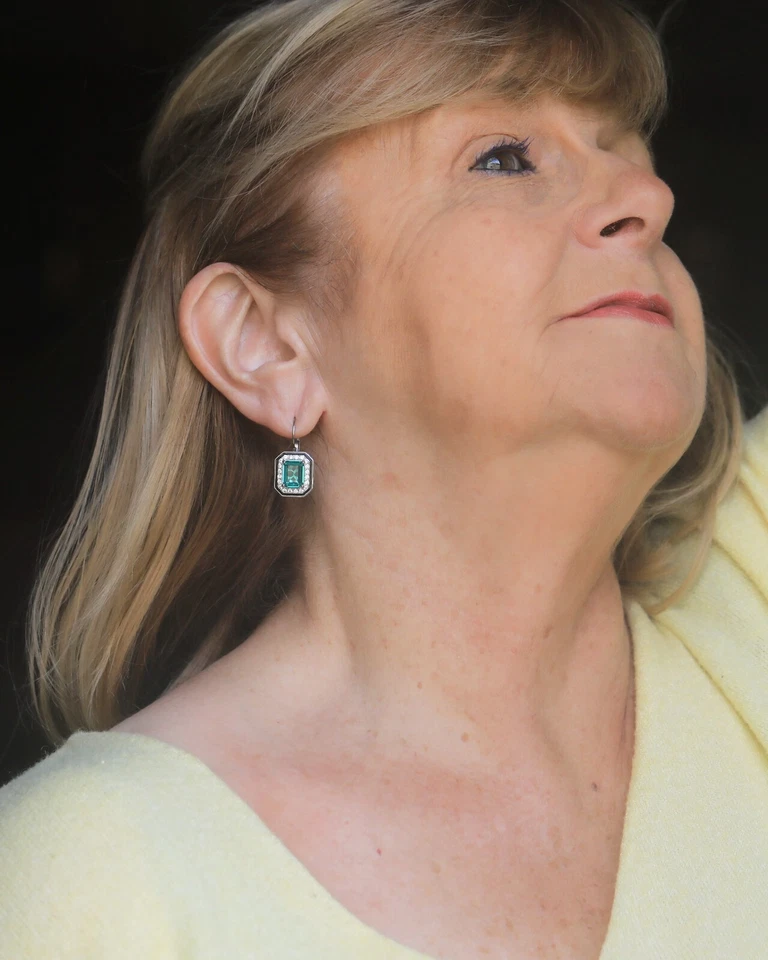 Silver Rectangle Set CZ Green Art Deco Sleeping Earrings EH5 - Image 4 of 4