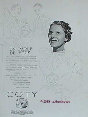 REKLAME COTY PULVER JUNGER FRAUEN MÄDCHEN BOX WIR REDEN ÜBER SIE VON 1938 AD PUB
