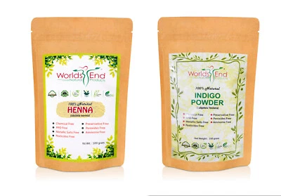 WORLDS END NATURAL PRODUCTS Natural Henna & Pure Indigo Hair Dye Powders, for Brown/Black Hair 100g each