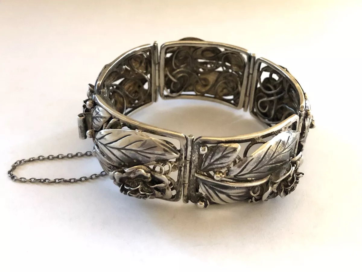 Vintage Signed HOBE STERLING Silver Wide Flower Panel Bracelet