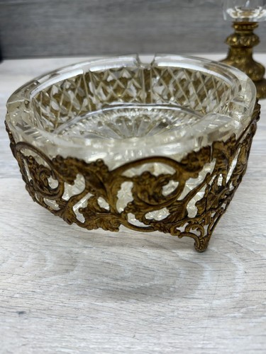 Juego de cenicero y encendedor vintage clásico Hollywood Regency con base de latón cristal *Leer - Imagen 10 de 15