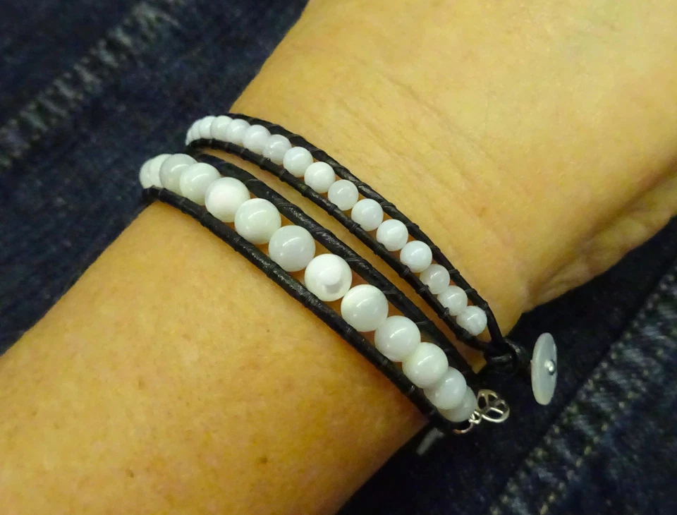 Pulsera de cuero marrón envolvente única con cuentas de piedras preciosas de cuarzo rosa para mujer 7"  Foto 4 de 4