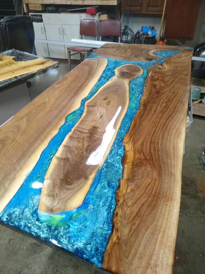 Blue Epoxy Resin Kitchen Dining Table 84x42 Inch Solid Slab Home Decor