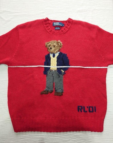 Vintage Polo Ralph Lauren 90s Vintage Hand Knit Red Bear Sweater Large Japan - Picture 7 of 7