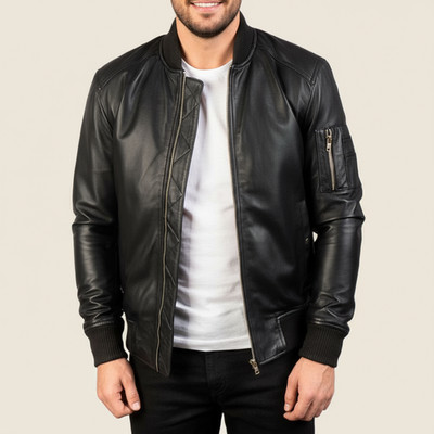 Herren Echt Lammfell Lederjacke - Handmade Café Racer Biker Style - Schwarz