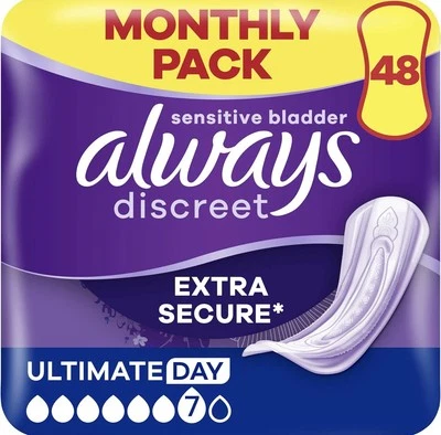 Always Discreet Ultimate Day Pads 48 Pack – Absorbency 7, Heavy Flow, Secure