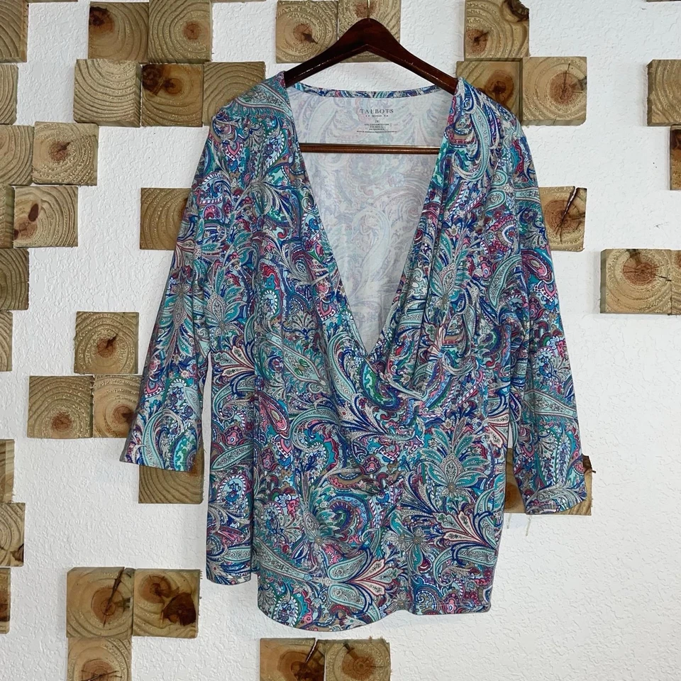 Talbots блузка женщин плюс 2 X 3/4 рукав v-образным вырезом верхняя футболка туника пейсли богемное пляж - Изображение 2 из 4