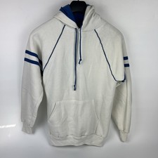 Vintage Russell Athletic White Hoodie Blue Stripe Size Medium USA