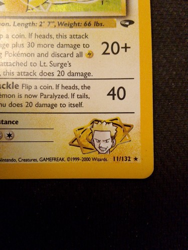 POKEMON LT. SURGE'S RAICHU 11/232 GYM CHALLENGE EXCELLENT OPERA D'ARTE VINTAGE - Foto 5 di 6