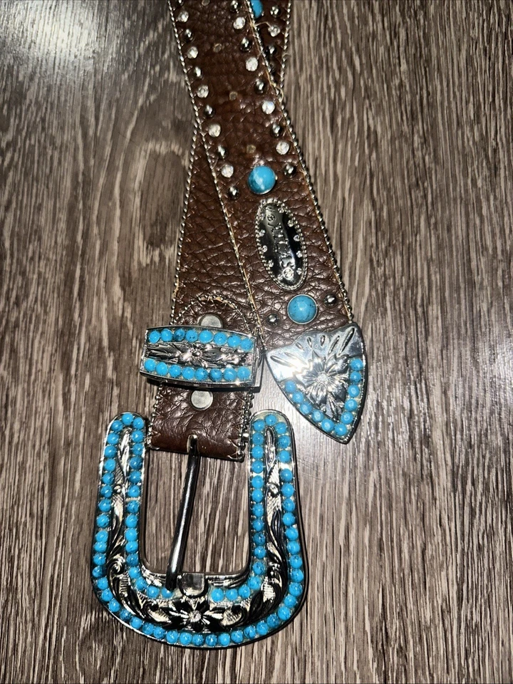 Cinturón Western WB Atlas Damas Bling Tachonado Talla Pequeña 5 Agujeros Cuero Marrón Vaquera Foto 3 de 3