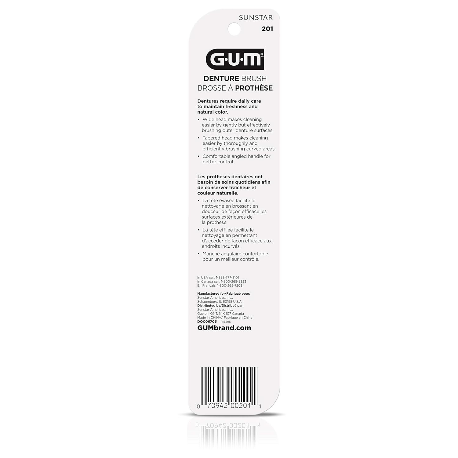 GUM Denture Brush - Dual Headed Hard Bristle Toothbrush for Dentures & Acrylic R