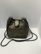 Vintage 80  s Woven Black Gold AlliGator/Reptile Embossed Leather Boho Bucket Bag