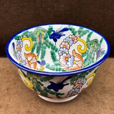 Vintage Majolica Mexico 5.5" Floral Bowl Hand-Painted Puebla Signed CA