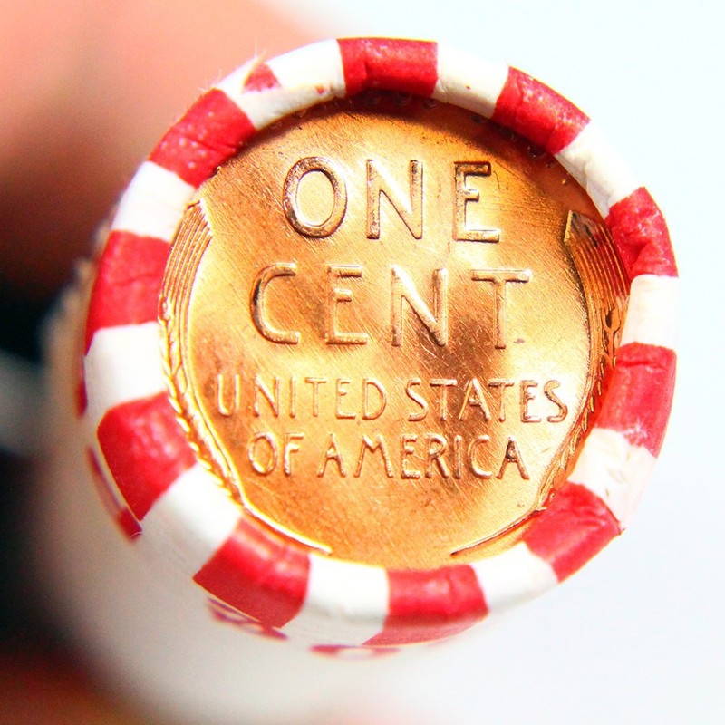 BU Penny Back Showing On End Of 50 Coin Circulated Wheat Cent Shotgun Roll C-18a