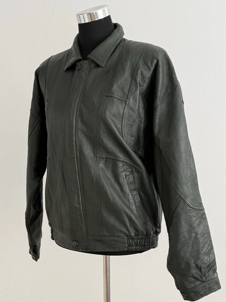 Vintage Lederjacke Damen Dunkelgrau Blouson Bomberjacke Oversize ca. M/L - Bild 4 von 4